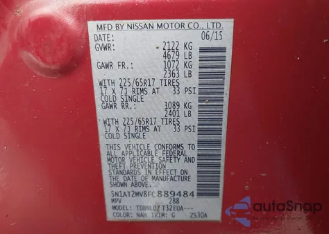 2015 Nissan Rogue Sv z USA, uszkodzony, nr VIN 5N1AT2MV8FC889484